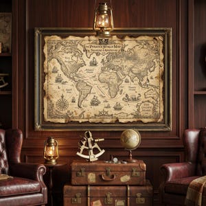Op de afbeelding: Een ingelijste kaart in vintage-stijl met de titel The Pirate's World Map Treasure & Adventure aan een donkerhouten muur. De kaart bevat illustraties van schepen, een kompasroos en zeedieren. Daaronder staan twee gestapelde lederen koffers met een sextant en een wereldbol.