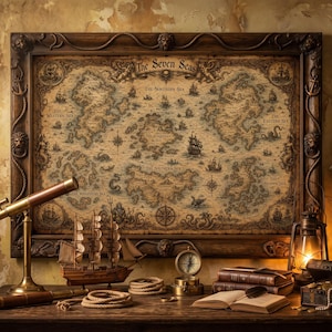 Seven Seas Pirate Map Wall Art, Antique Nautical World, Vintage Fantasy Decor (Digital Download)