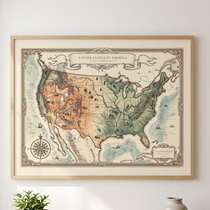 May include: An illustrated map of the United States of America in a light wood frame. The map features a color gradient from orange in the west to green in the east, with small illustrations of animals and trees, a compass rose, and decorative borders.