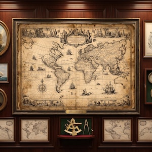 Puede incluir: Un gran mapa del mundo central de estilo antiguo titulado Orbis Terrarum, rodeado de impresiones enmarcadas más pequeñas de barcos, un retrato, un cronómetro, una brújula, un sextante y cartas de navegación en una pared de madera oscura.