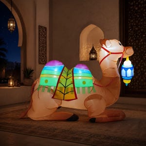 May include: An inflatable camel with a colorful saddle and a blue and yellow lantern. The camel is tan with a red bridle and is lit up with lights. The background features an arched doorway and decorative lanterns, creating a festive atmosphere.