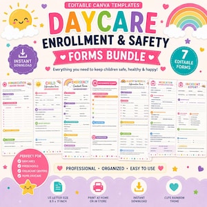 May include: A bundle of daycare enrollment and safety forms with a cute rainbow theme. The forms include immunization records, emergency contact forms, and medication authorization forms. The forms are US letter size, 8.5 x 11 inches, and are designed for daycare, preschool, childcare centers, and home daycare use.