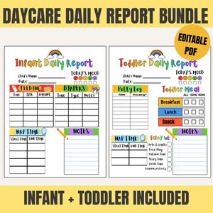Könnte beinhalten: Ein druckbares Tagesbericht-Bundle für die Kindertagesstätte mit Vorlagen für Säuglinge und Kleinkinder. Die Berichte enthalten Abschnitte für Fütterung, Windeln, Schlafenszeit und Notizen. Der Bericht für Kleinkinder enthält auch ein Töpfchenprotokoll und einen Essens-Tracker. Bearbeitbares PDF.