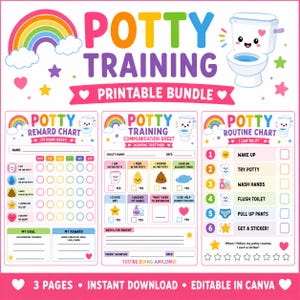 May include: A colorful printable potty training bundle with a rainbow, toilet, and stars. The bundle includes a reward chart, communication sheet, and routine chart. The text includes "Potty Training Printable Bundle" and "3 Pages Instant Download Editable in Canva."