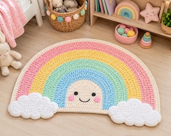 Rainbow Smiley Crochet Rug Pattern PDF, Nursery Floor Mat, Cloud Decor, Kids Room Handmade Home Accent, Chunky Yarn Tutorial