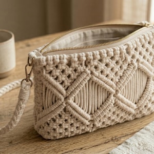 May include: A beige macrame clutch with a zipper closure and a wrist strap. The handmade bag features a geometric diamond pattern. A ceramic mug and a potted plant are in the background.