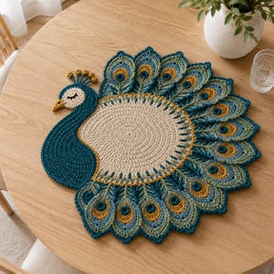 May include: A handmade peacock-shaped crochet placemat. The peacock features a teal body and tail feathers with accents of yellow and green. The center is a cream color, and the placemat is displayed on a wooden table.