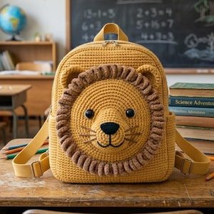 Puede incluir: Una mochila amarilla de ganchillo con un diseño de cara de león. La mochila presenta una cabeza de león redonda con una melena marrón, ojos negros y una nariz negra. La mochila está sobre un escritorio de madera en un aula.