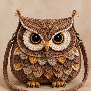 Op de afbeelding: Een handgemaakte gehaakte uilvormige tas in bruin-, beige- en geeltinten. De tas heeft gedetailleerd haakwerk, waaronder veervormige patronen, grote oogdetails en een lange riem. De tas heeft een metalen sluiting en kleine voetjes.