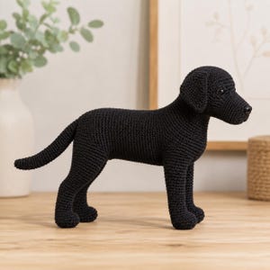 Peut inclure: Figurine de chien noir au crochet. Le chien est debout, la queue légèrement courbée. Le travail au crochet est détaillé, et le chien a un nez noir. Il est présenté sur une surface en bois.