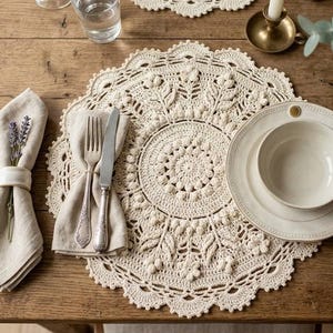 May include: A rustic wooden table setting with a cream-colored, crocheted placemat, plates, and a bowl. Linen napkins are held with white napkin rings. Silverware and a candle holder are also present.