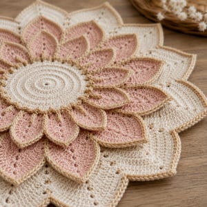 Puede incluir: Un tapete de ganchillo hecho a mano con un diseño floral. El tapete presenta un patrón de pétalos en capas en tonos crema, rosa claro y beige. El centro es un diseño en espiral y los bordes están festoneados. El tapete mide aproximadamente 30 cm de diámetro.