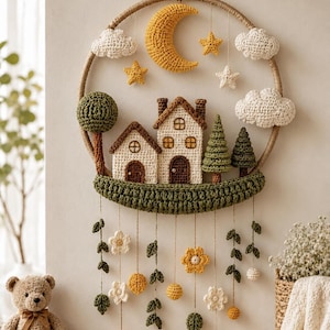 May include: A handmade crochet wall hanging depicting a charming scene. It features a circular frame with a crescent moon, stars, and clouds. Below, there are two houses, trees, and hanging floral and leaf accents. A teddy bear and wooden stacking toy are in the foreground.