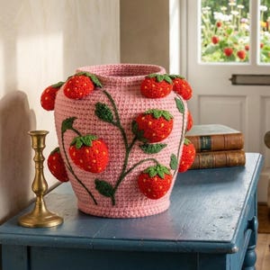 May include: A pink crocheted vase adorned with red strawberries and green leaves. The handmade vase sits on a blue table next to a brass candlestick. The vase is a decorative item.