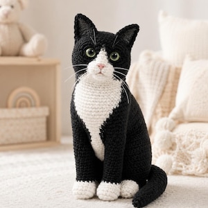 Può includere: Una statuetta di gatto all'uncinetto realizzata con filato nero e bianco. Il gatto ha il corpo nero, il petto e il viso bianchi, le zampe bianche e gli occhi verdi. È seduto in posizione eretta con la coda arricciata di lato e lunghi baffi bianchi.