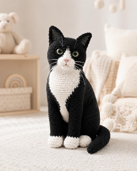 Realistic Tuxedo Cat Amigurumi Pattern, Black White Crochet PDF, US Terms