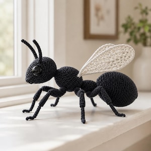 May include: A black crochet ant with large, black eyes and off-white wings. The insect has six legs and two antennae. The ant is displayed on a white surface, highlighting the detailed crochet work. A decorative item.