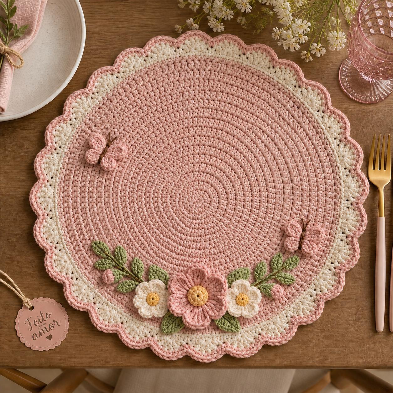 Floral Crochet Placemat Pattern PDF, Round Table Mat With Butterfly ...