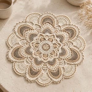 May include: A round, intricate crochet doily featuring a mandala-inspired pattern. The design incorporates concentric layers of fan-shaped stitches in a neutral colour palette of cream, beige, and soft taupe, creating a textured, circular textile piece.