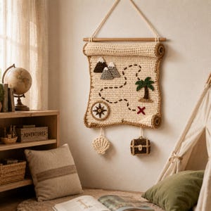 May include: A crocheted wall hanging shaped like a treasure map, featuring a beige scroll with brown mountain peaks, a green palm tree, a compass, and a red X. Two crocheted charms, a seashell and a treasure chest, hang from the bottom edge.