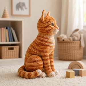 May include: A crocheted orange tabby cat toy with dark orange stripes, a light cream-colored chest, and light cream-colored paws. The cat is in a seated position with its tail curled around its side, featuring amber-colored eyes and a pink nose.