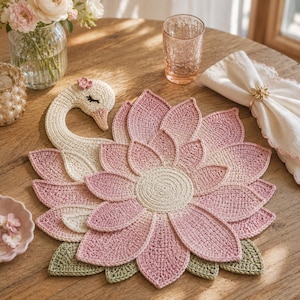 May include: A crochet placemat shaped like a swan with a long cream-coloured neck and a body formed by layered, petal-like sections in shades of pink and white. The swan has a small pink flower on its head and closed eyes with black eyelashes.