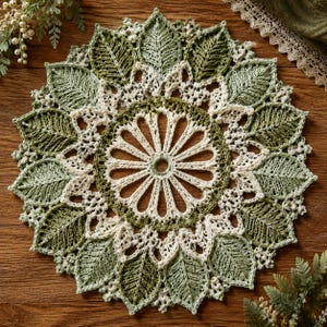 May include: A round crochet doily featuring a central cream-coloured wheel pattern surrounded by a ring of dark green leaves. The outer edge is composed of alternating light green and cream-coloured leaf motifs with intricate openwork stitching.