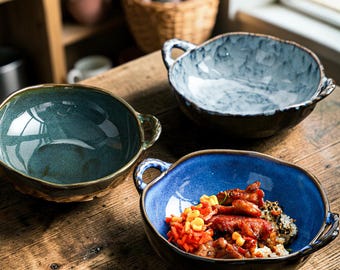 Handgefertigte japanische Ramenschüssel mit Griffen, rustikale Keramiknudelschüssel, Wabi Sabi Suppenschüssel, einzigartiges Housewarminggeschenk, große handwerkliche Schüssel