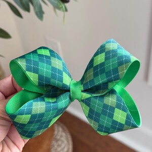 Green argyle boutique hair bow on clip
