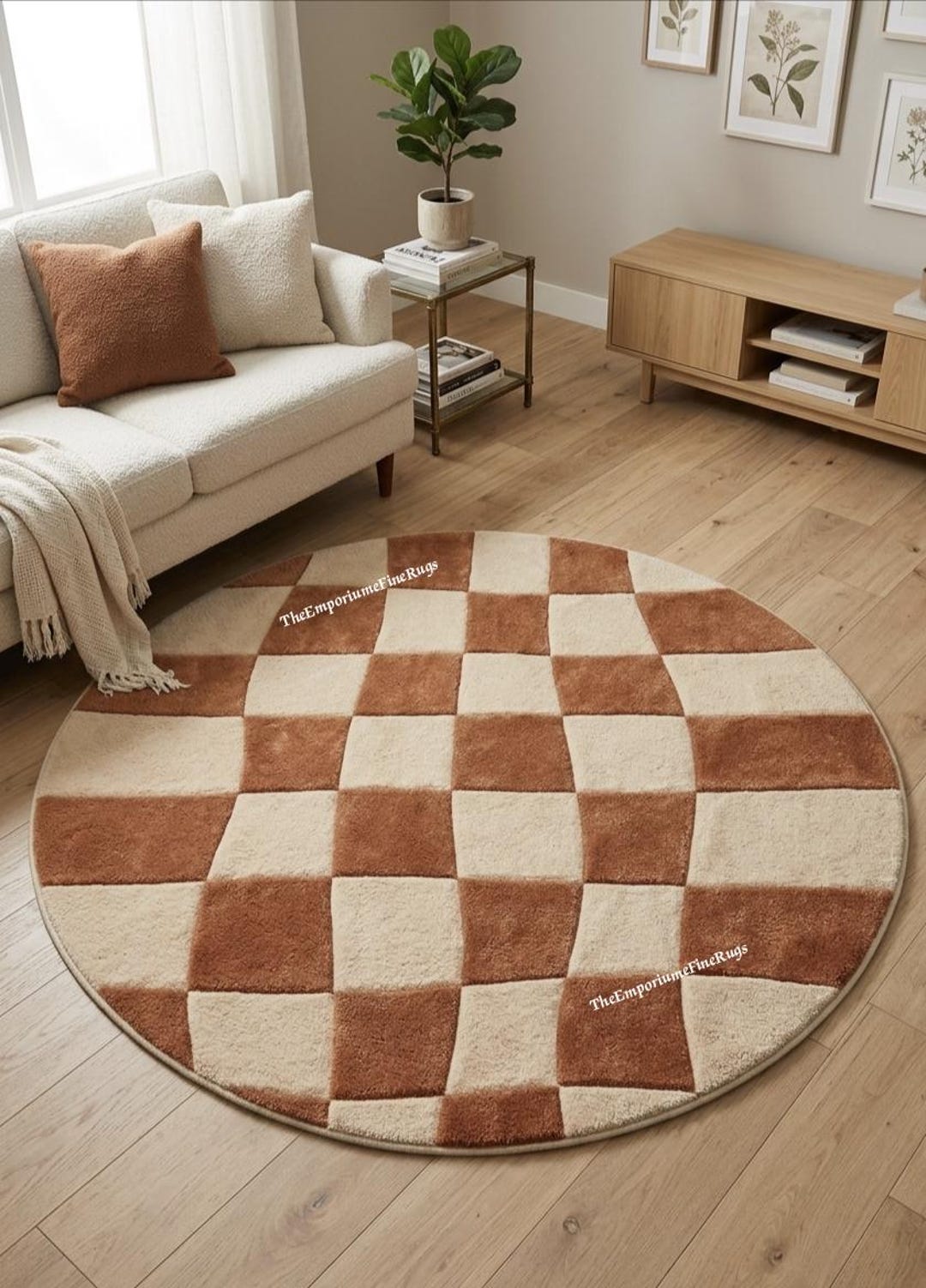 Modern Wavy Checkered Round Rug, Beige Rust Area Rug, Retro Geometric ...