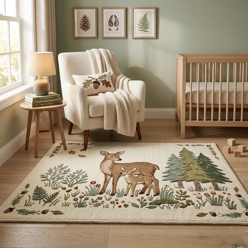 Hand tufted woodland rug featuring a mother deer and spotted fawn surrounded by pine trees, wildflowers, acorns, and botanical leaves on a cream background. Displayed in a natural wood Scandinavian nursery with a white armchair and wooden crib. Perfect as a baby nursery rug, boho living room rug, or unique baby shower gift. Made from premium wool in forest green, warm brown, and sage tones.