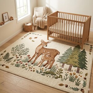Hand tufted woodland rug featuring a mother deer and spotted fawn surrounded by pine trees, wildflowers, acorns, and botanical leaves on a cream background. Displayed in a natural wood Scandinavian nursery with a white armchair and wooden crib. Perfect as a baby nursery rug, boho living room rug, or unique baby shower gift. Made from premium wool in forest green, warm brown, and sage tones.