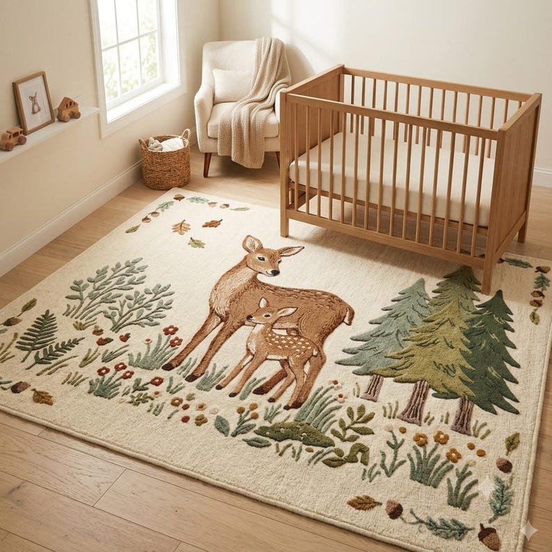 Hand tufted woodland rug featuring a mother deer and spotted fawn surrounded by pine trees, wildflowers, acorns, and botanical leaves on a cream background. Displayed in a natural wood Scandinavian nursery with a white armchair and wooden crib. Perfect as a baby nursery rug, boho living room rug, or unique baby shower gift. Made from premium wool in forest green, warm brown, and sage tones.