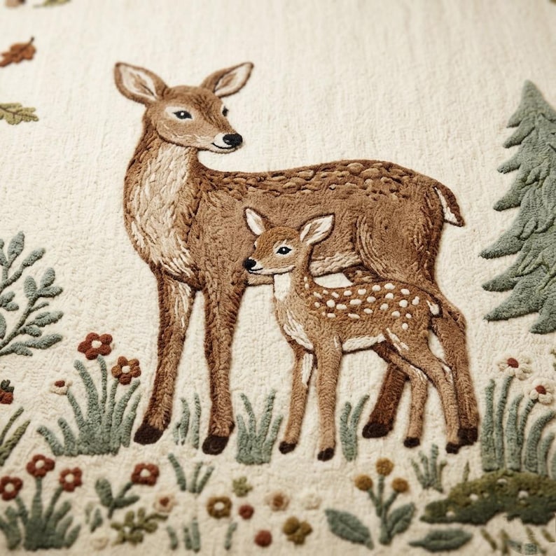 Hand tufted woodland rug featuring a mother deer and spotted fawn surrounded by pine trees, wildflowers, acorns, and botanical leaves on a cream background. Displayed in a natural wood Scandinavian nursery with a white armchair and wooden crib. Perfect as a baby nursery rug, boho living room rug, or unique baby shower gift. Made from premium wool in forest green, warm brown, and sage tones.