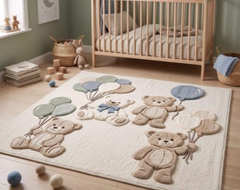 Handmade Wool Nursery Rug | Teddy Bear Baby Boy Room Decor, Soft Kids Play Mat