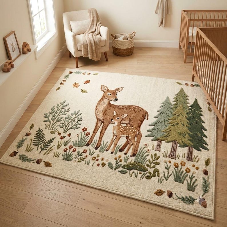 Hand tufted woodland rug featuring a mother deer and spotted fawn surrounded by pine trees, wildflowers, acorns, and botanical leaves on a cream background. Displayed in a natural wood Scandinavian nursery with a white armchair and wooden crib. Perfect as a baby nursery rug, boho living room rug, or unique baby shower gift. Made from premium wool in forest green, warm brown, and sage tones.
