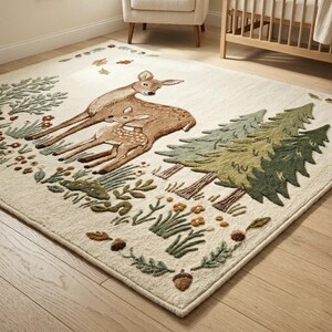 Hand tufted woodland rug featuring a mother deer and spotted fawn surrounded by pine trees, wildflowers, acorns, and botanical leaves on a cream background. Displayed in a natural wood Scandinavian nursery with a white armchair and wooden crib. Perfect as a baby nursery rug, boho living room rug, or unique baby shower gift. Made from premium wool in forest green, warm brown, and sage tones.