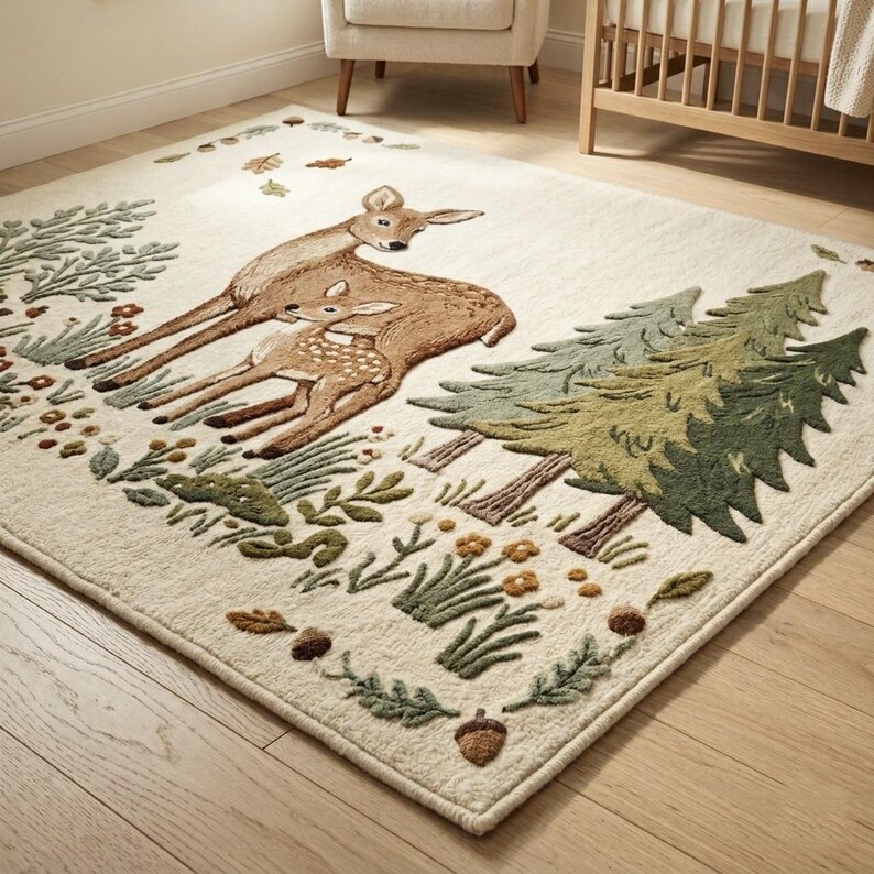 Hand tufted woodland rug featuring a mother deer and spotted fawn surrounded by pine trees, wildflowers, acorns, and botanical leaves on a cream background. Displayed in a natural wood Scandinavian nursery with a white armchair and wooden crib. Perfect as a baby nursery rug, boho living room rug, or unique baby shower gift. Made from premium wool in forest green, warm brown, and sage tones.
