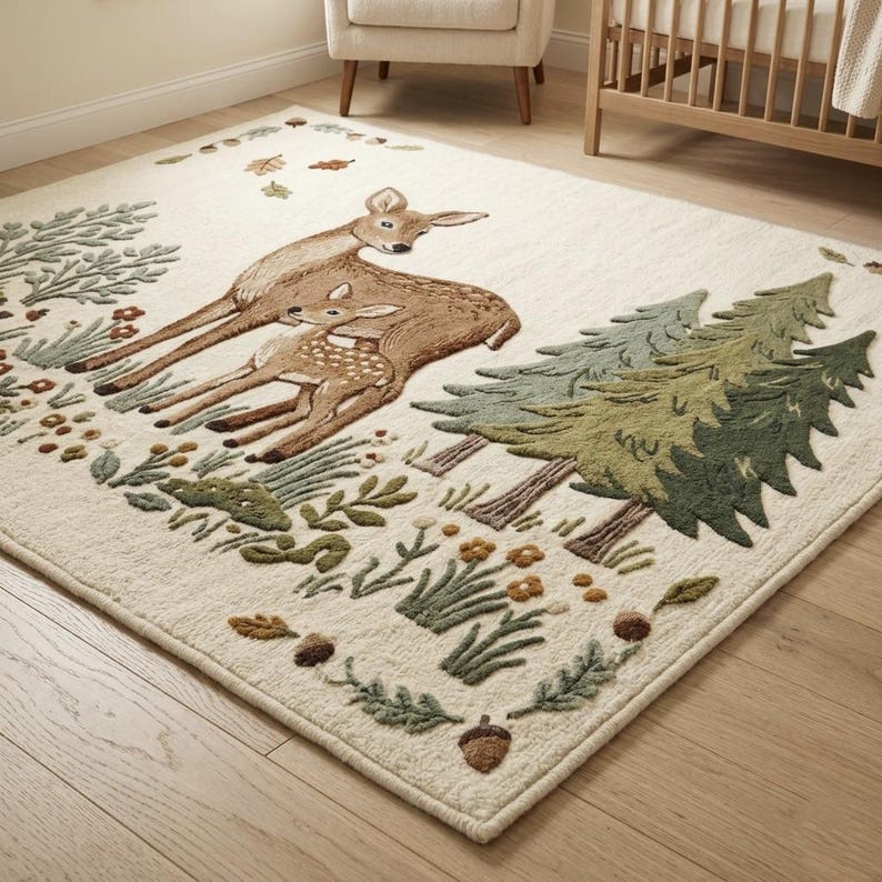 Hand tufted woodland rug featuring a mother deer and spotted fawn surrounded by pine trees, wildflowers, acorns, and botanical leaves on a cream background. Displayed in a natural wood Scandinavian nursery with a white armchair and wooden crib. Perfect as a baby nursery rug, boho living room rug, or unique baby shower gift. Made from premium wool in forest green, warm brown, and sage tones.