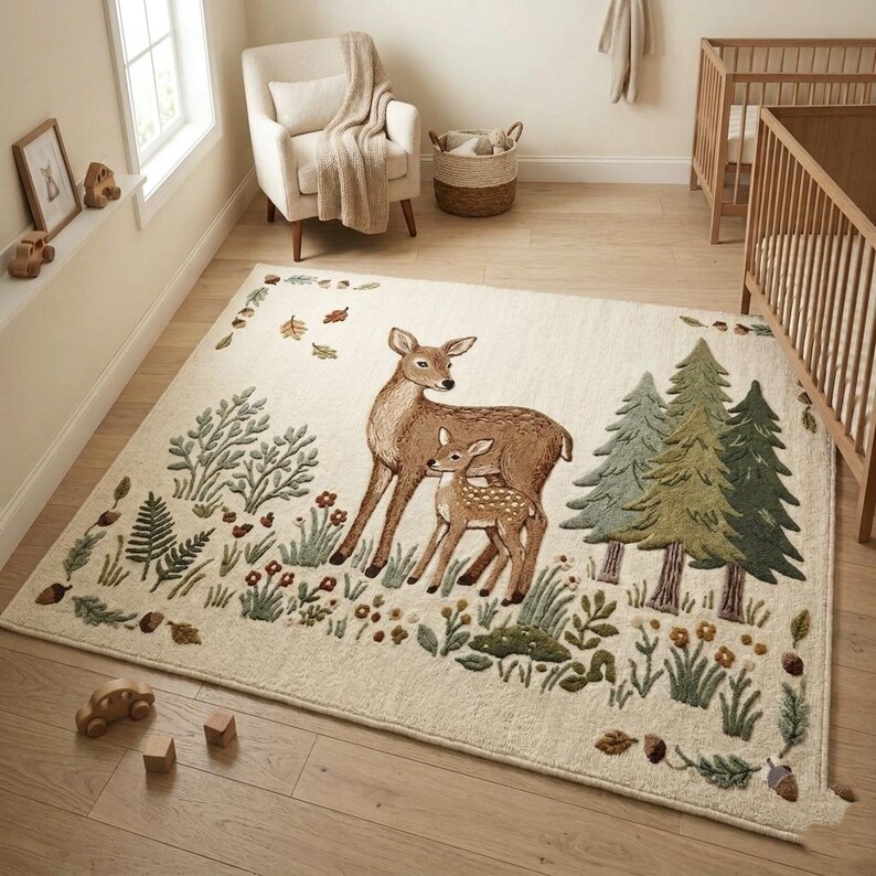 Hand tufted woodland rug featuring a mother deer and spotted fawn surrounded by pine trees, wildflowers, acorns, and botanical leaves on a cream background. Displayed in a natural wood Scandinavian nursery with a white armchair and wooden crib. Perfect as a baby nursery rug, boho living room rug, or unique baby shower gift. Made from premium wool in forest green, warm brown, and sage tones.