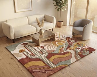 Hand Tufted Wool Rug Terracotta Desert Cactus Boho Area Rug 8x10