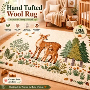 Hand Tufted Rug Deer Forest Nursery Area Rug 5x7 8x10 Woodland Animal Decor image 5