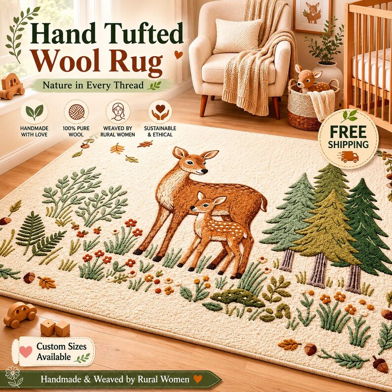 Hand Tufted Rug Deer Forest Nursery Area Rug 5x7 8x10 Woodland Animal Decor image 5