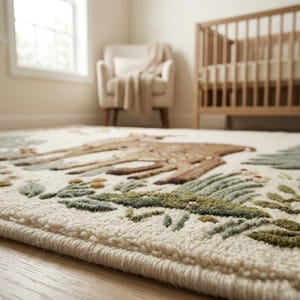 Hand tufted woodland rug featuring a mother deer and spotted fawn surrounded by pine trees, wildflowers, acorns, and botanical leaves on a cream background. Displayed in a natural wood Scandinavian nursery with a white armchair and wooden crib. Perfect as a baby nursery rug, boho living room rug, or unique baby shower gift. Made from premium wool in forest green, warm brown, and sage tones.