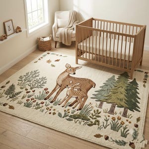 Hand tufted woodland rug featuring a mother deer and spotted fawn surrounded by pine trees, wildflowers, acorns, and botanical leaves on a cream background. Displayed in a natural wood Scandinavian nursery with a white armchair and wooden crib. Perfect as a baby nursery rug, boho living room rug, or unique baby shower gift. Made from premium wool in forest green, warm brown, and sage tones.