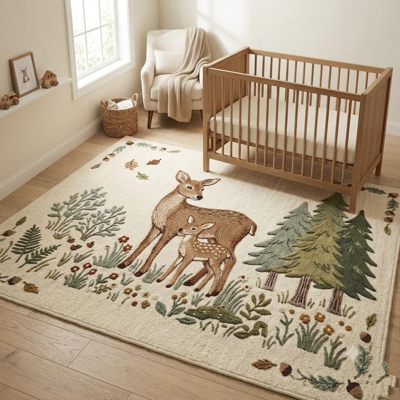 Hand tufted woodland rug featuring a mother deer and spotted fawn surrounded by pine trees, wildflowers, acorns, and botanical leaves on a cream background. Displayed in a natural wood Scandinavian nursery with a white armchair and wooden crib. Perfect as a baby nursery rug, boho living room rug, or unique baby shower gift. Made from premium wool in forest green, warm brown, and sage tones.