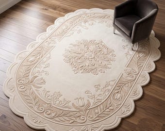 Floral Wool Rug | Ivory Scalloped Hand Tufted Area Rug | Modern Ornamental Living Room Rug | Custom Size