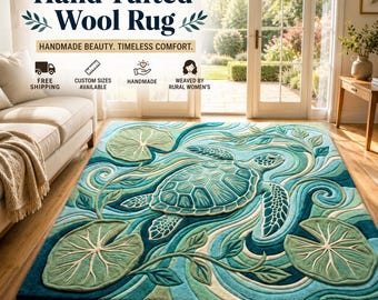 3D Sculpted sea turtle area Rug | Coastal hand tufted rugs For Living Room | Custom