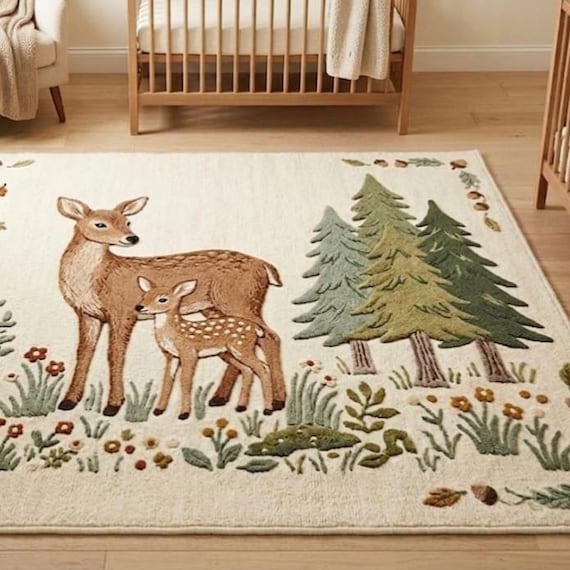 Hand Tufted Rug Deer Forest Nursery Area Rug 5x7 8x10 Woodland Animal Decor