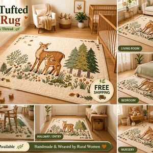 May include: A hand-tufted wool rug featuring a cream-colored background with a forest scene including a deer and fawn, green pine trees, and colorful wildflowers. The rug is displayed in various room settings including a living room and nursery.